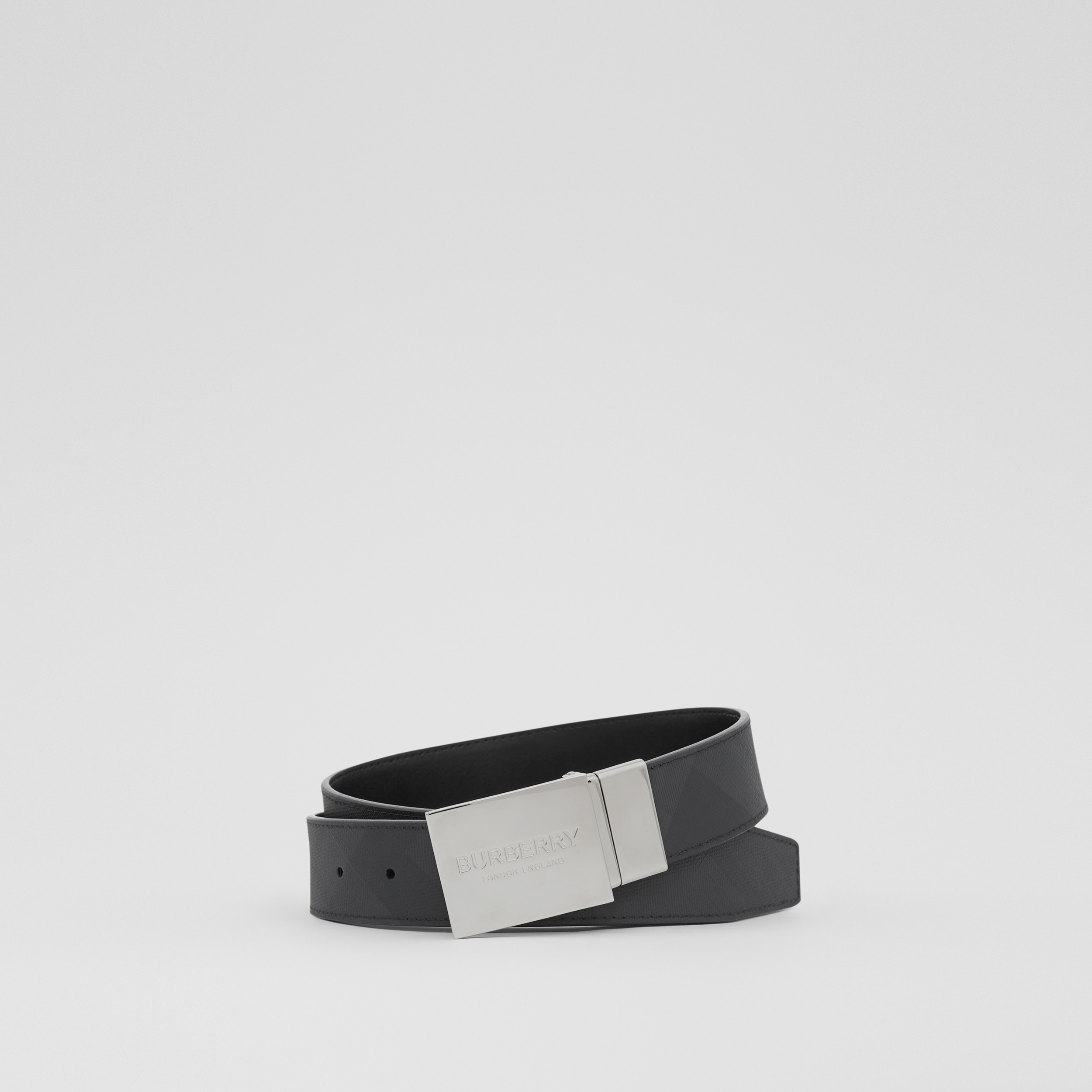 Reversible Plaque Buckle London Check and Leather Belt in Dark  Charcoal/black - Men | Burberry® Official