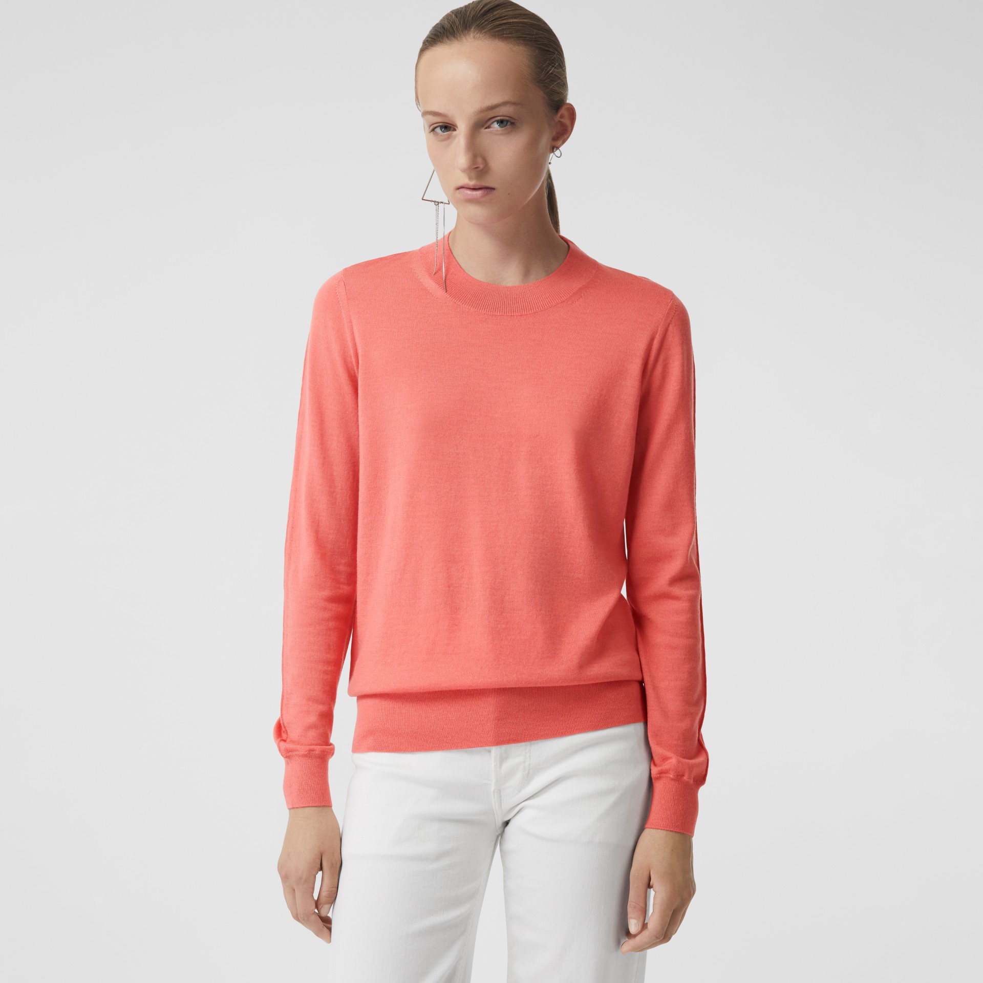 Merino Wool Crew Neck Sweater in Coral Women Burberry United States