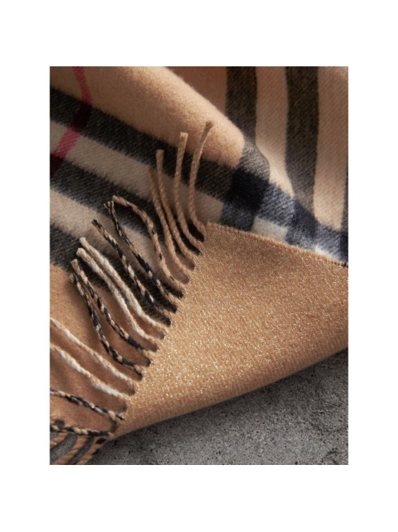 Reversible Metallic Check Cashmere Scarf in Camel | Burberry United States