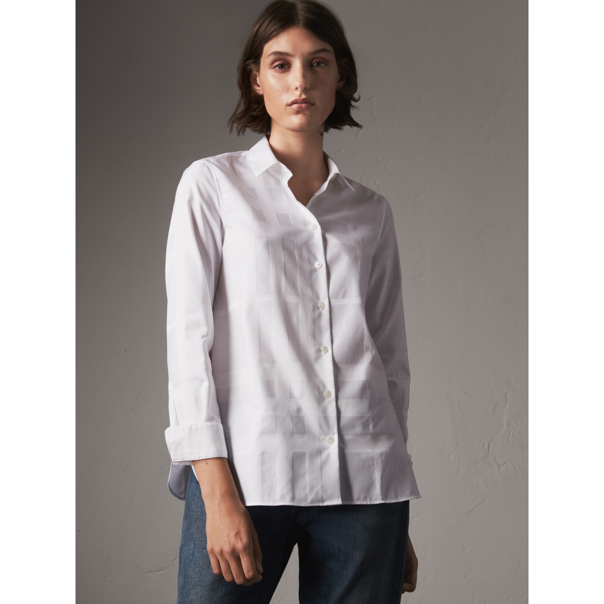 Check Jacquard Cotton Shirt in White - Women | Burberry United States