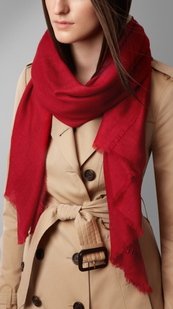 Embroidered Lightweight Cashmere Scarf in Military Red Burberry