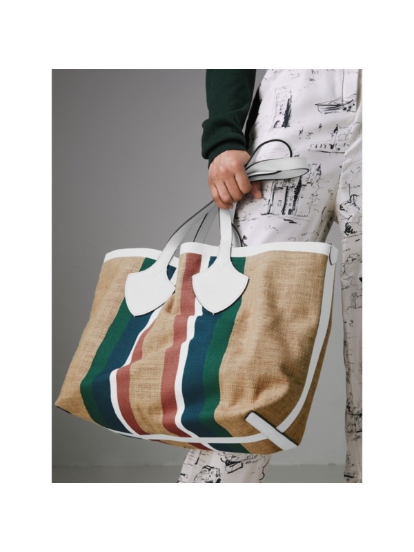 The Medium Giant Tote in Striped Jute in Chalk White - Women | Burberry ...