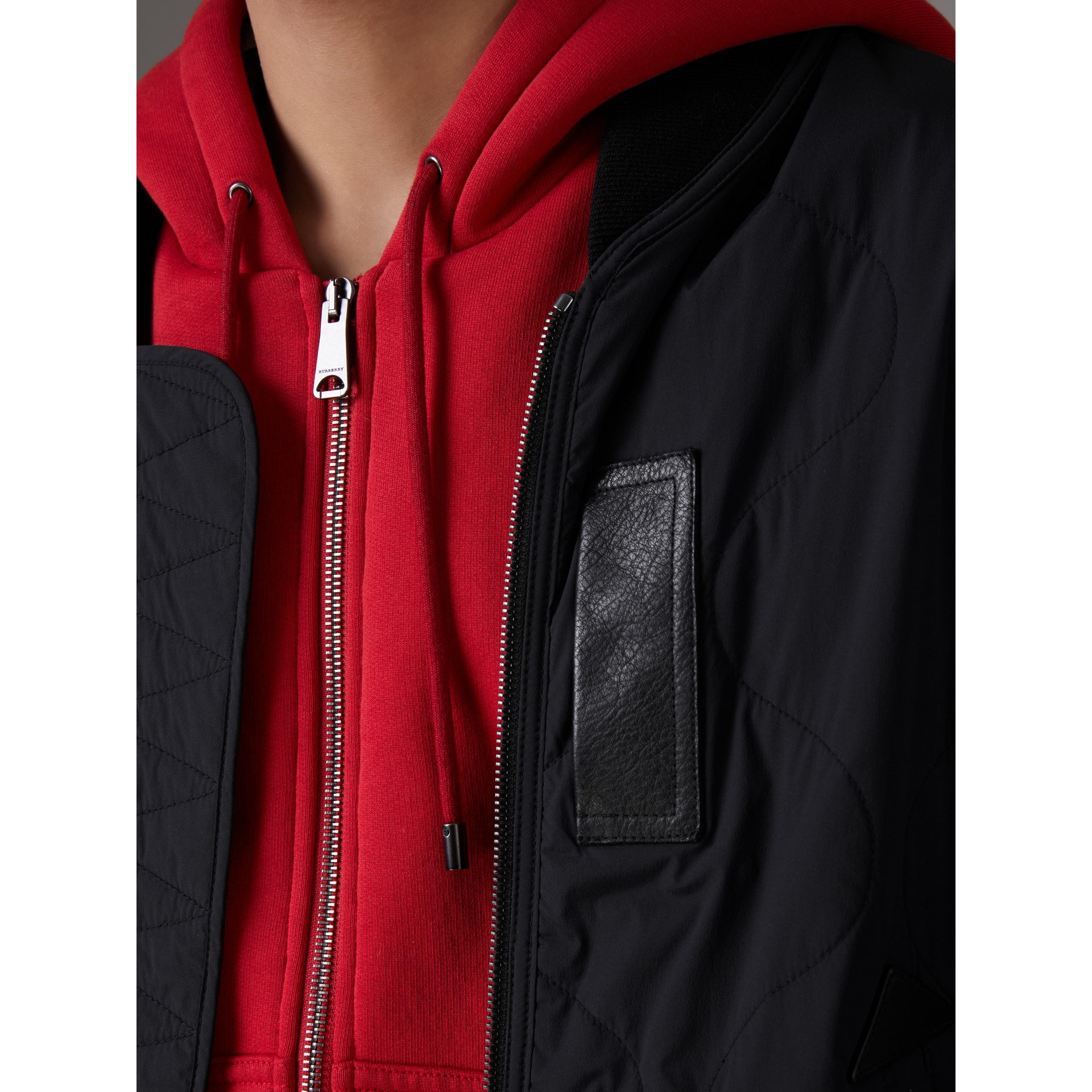 Leather Trim Lightweight Quilted Bomber Jacket in Black Men