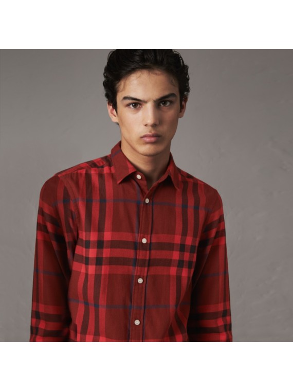 Tartan Cotton Button Down Collar Shirt In Bright Red Men Burberry