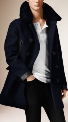Shearling Collar Wool Blend Pea Coat