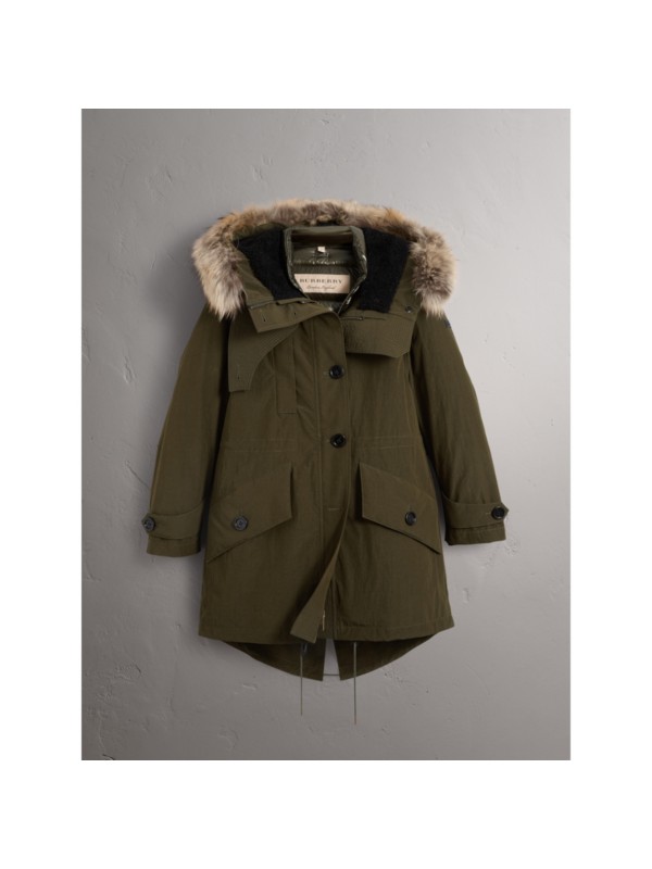 Raccoon Fur and Shearling Trim Parka with Warmer in Dark Olive - Women ...