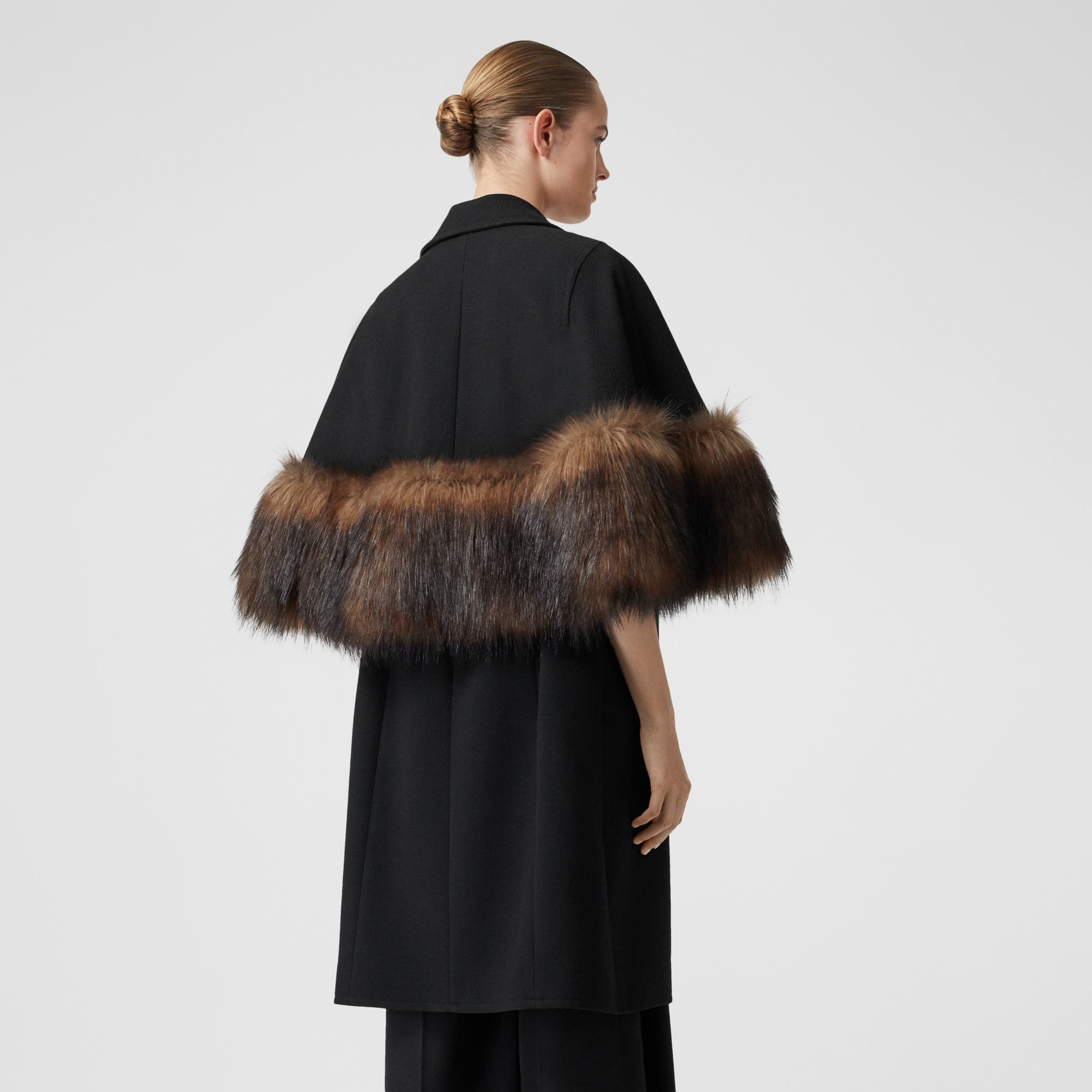 Faux Fur Trim Cape Detail Wool Blend Coat in Black Women Burberry