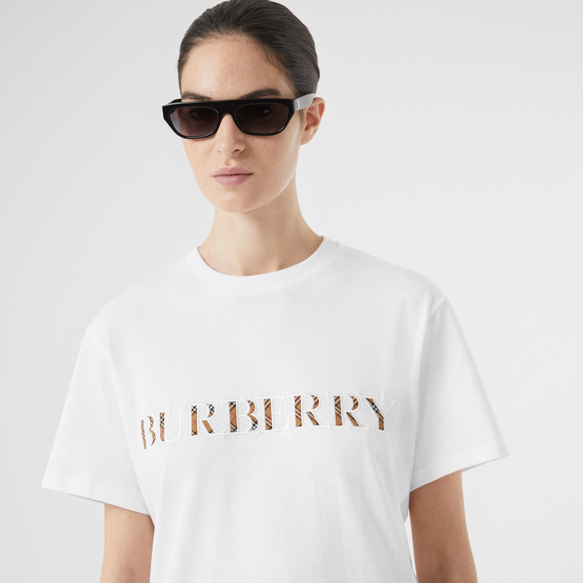 Embroidered Check Logo Cotton T-shirt in White - Women | Burberry Canada