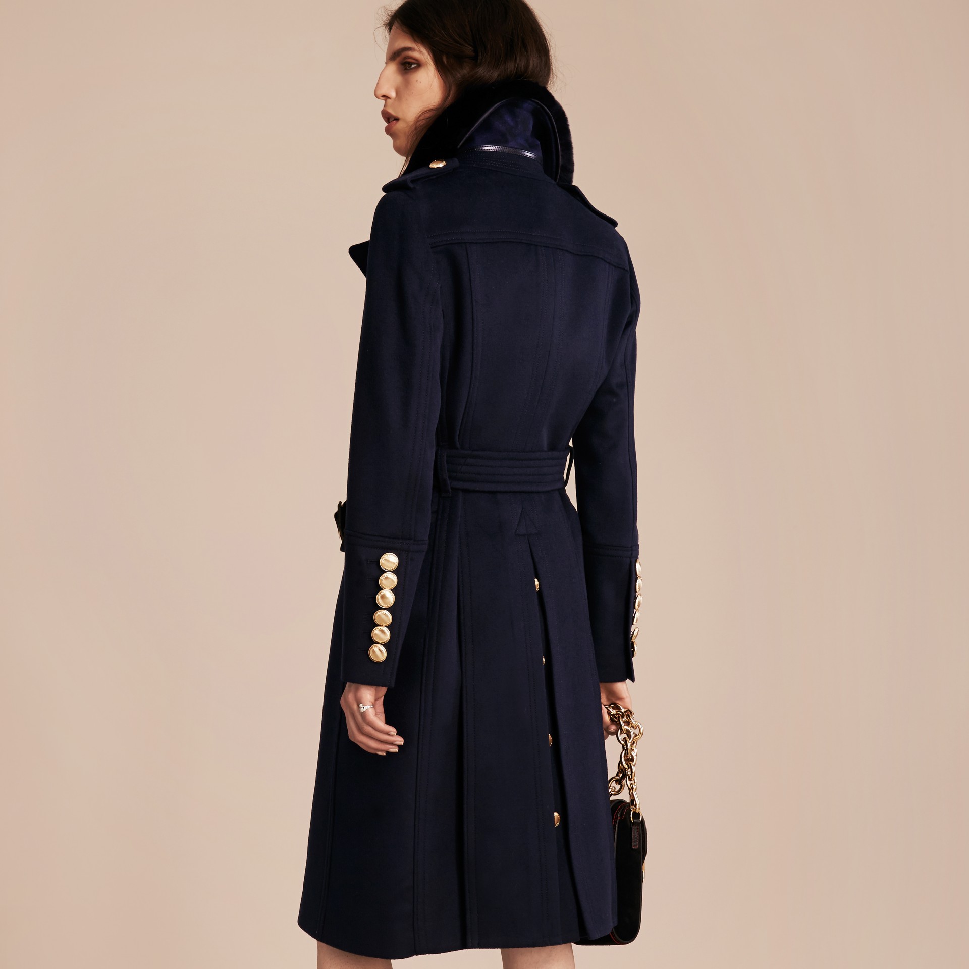 Wool Cashmere Trench Coat with Detachable Fur Collar in Navy - Women ...