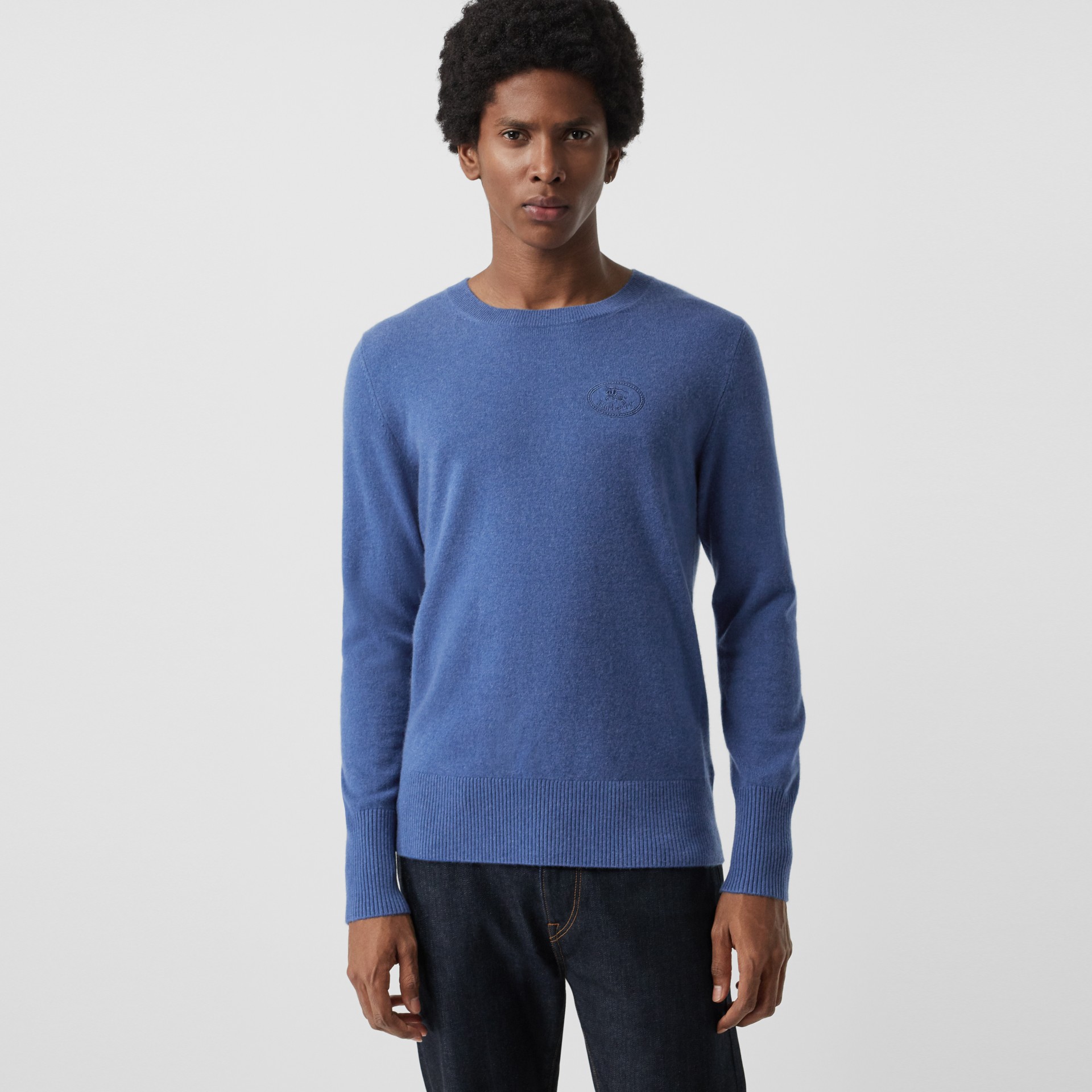 Embroidered Logo Cashmere Sweater in Dusty Blue - Men | Burberry Canada