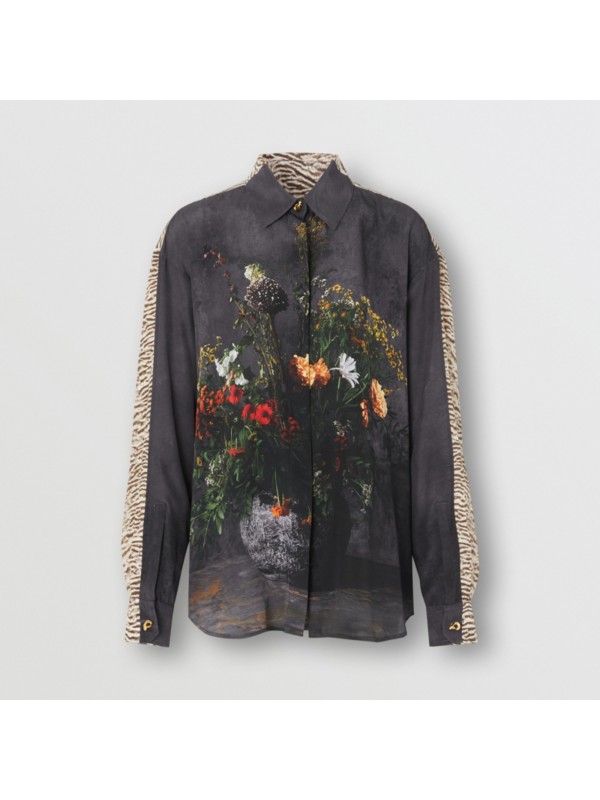 Floral and Tiger Print Silk Shirt in Black Women Burberry United States