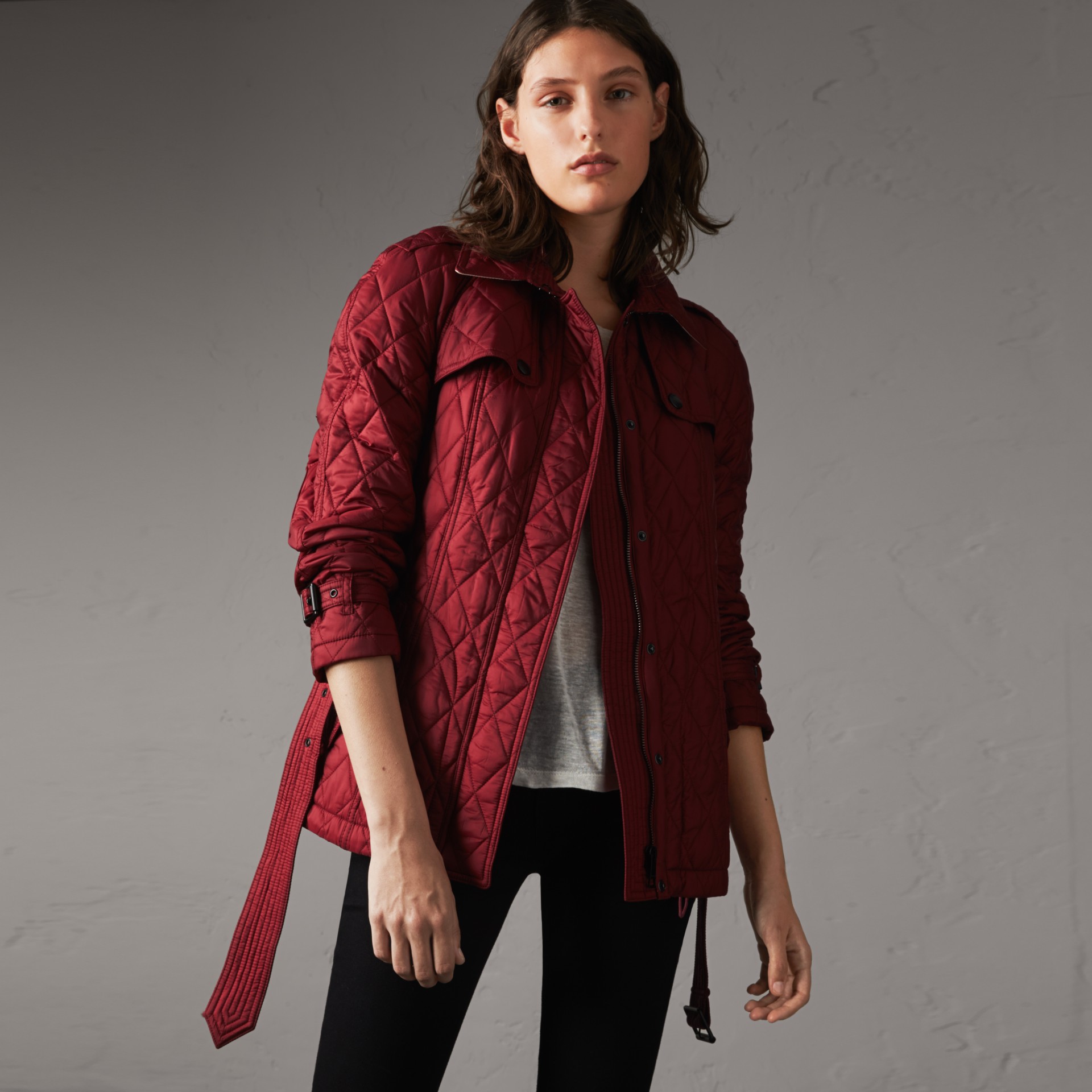 Quilted Trench Jacket with Detachable Hood in Dark Crimson - Women ...