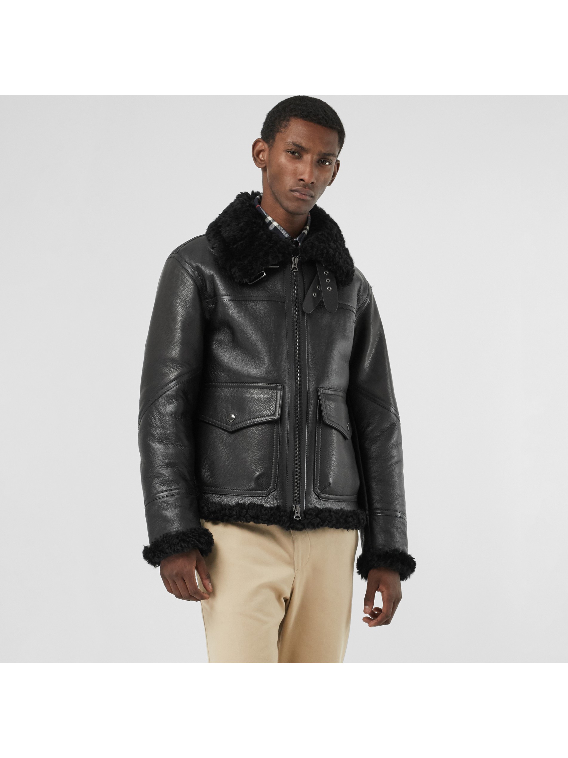 毛羊皮飞行夹克 (黑色) - 男士 | burberry 博柏利