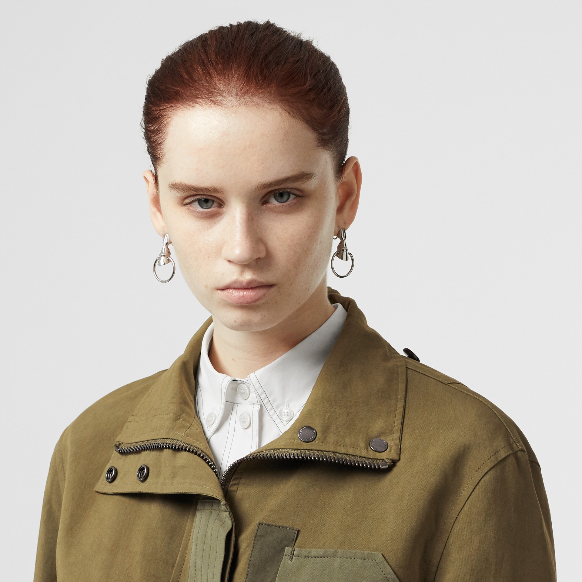 Detachable Hood Cotton Silk Twill Jacket in Khaki Green Women