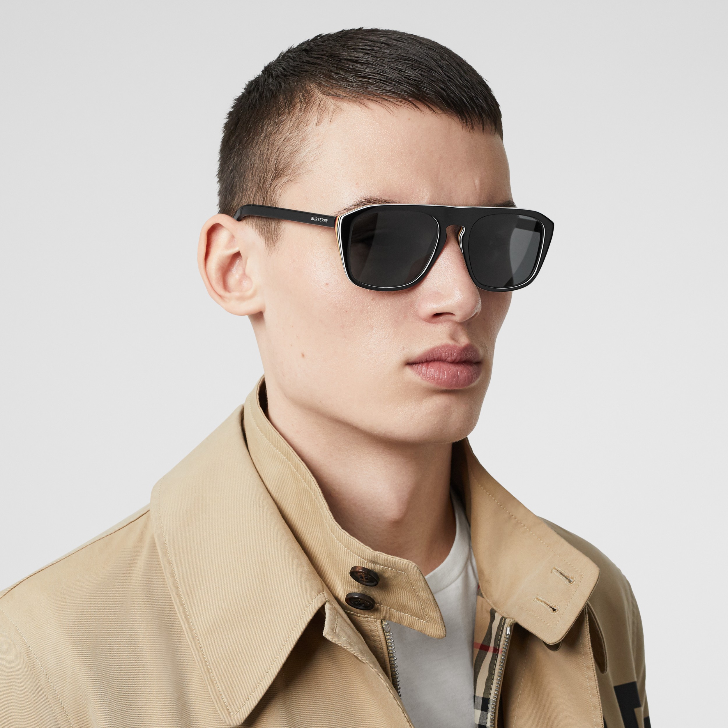 Icon Stripe Detail Square Frame Sunglasses in Black - Men | Burberry ...