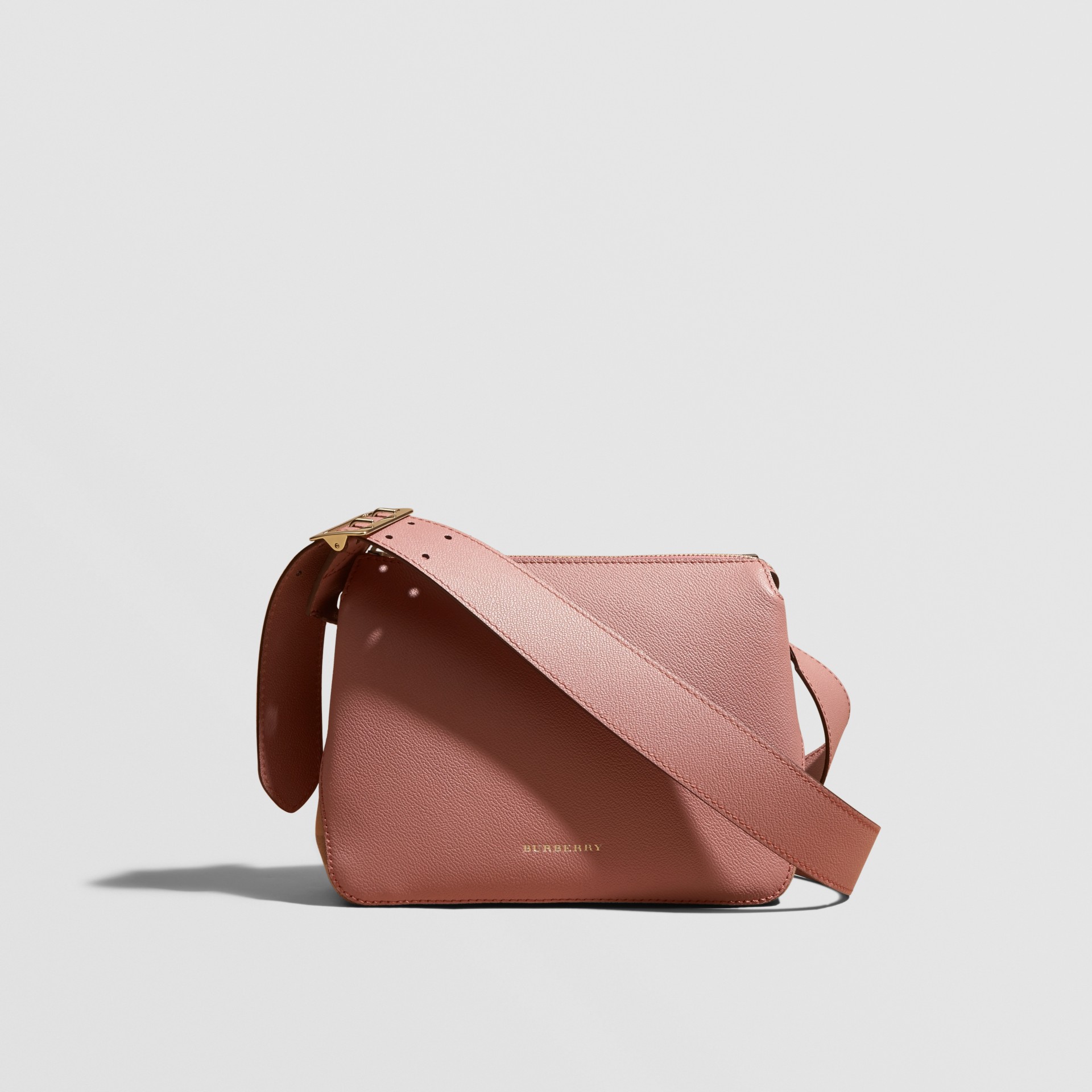 Buckle Detail Leather and House Check Crossbody Bag in Dusty Pink