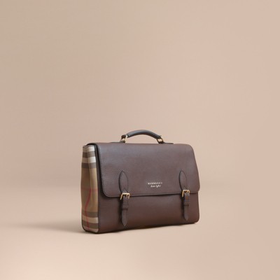 Burberry Leather And House Check Satchel In Oak Brown