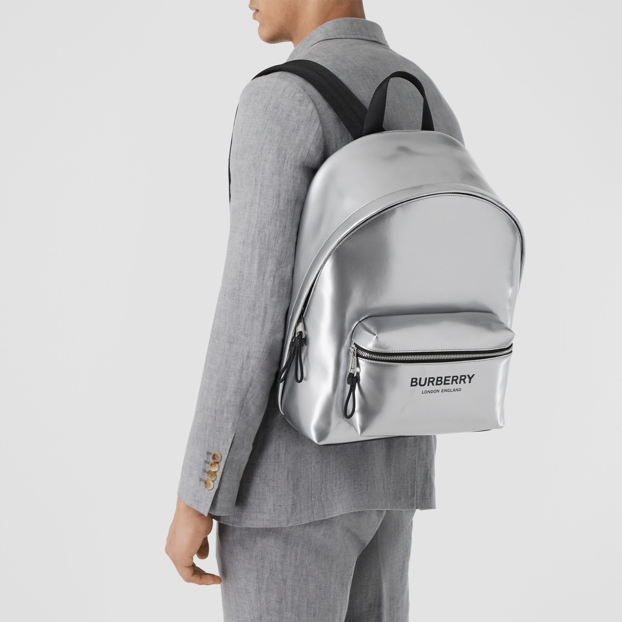 Metallic Coated Canvas Backpack in Silver Burberry United States