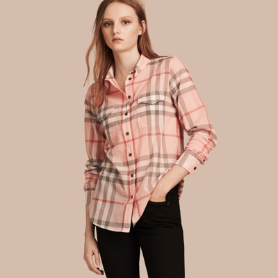 Check Cotton Shirt in Pale Apricot - Women | Burberry United States