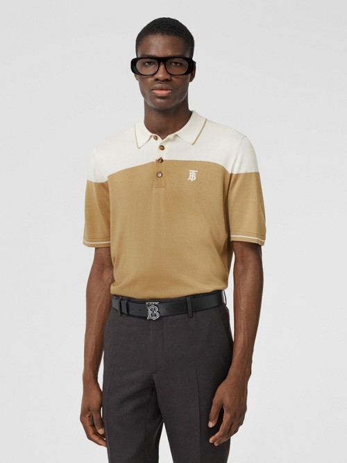 BURBERRY Monogram Motif Two-tone Silk Cashmere Polo Shirt