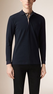 Check Placket Long Sleeve Polo Shirt