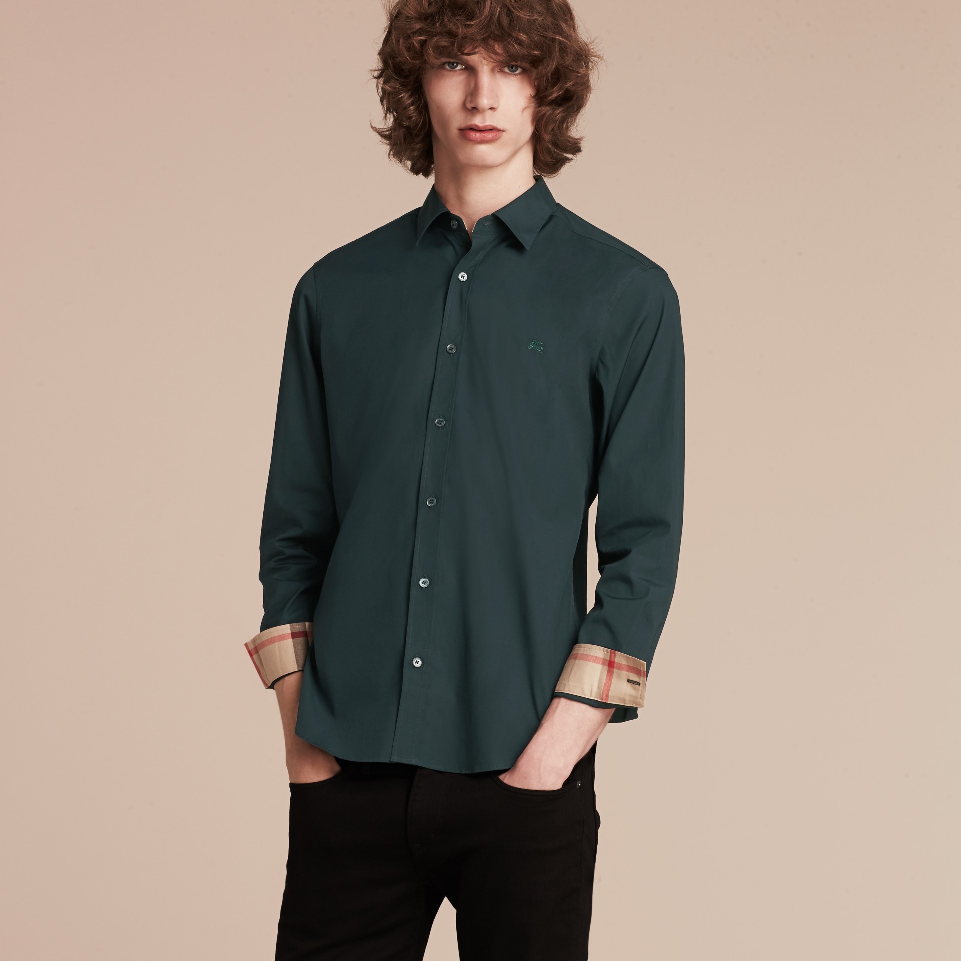 Check Detail Stretch Cotton Poplin Shirt in Dark Teal Green | Burberry ...