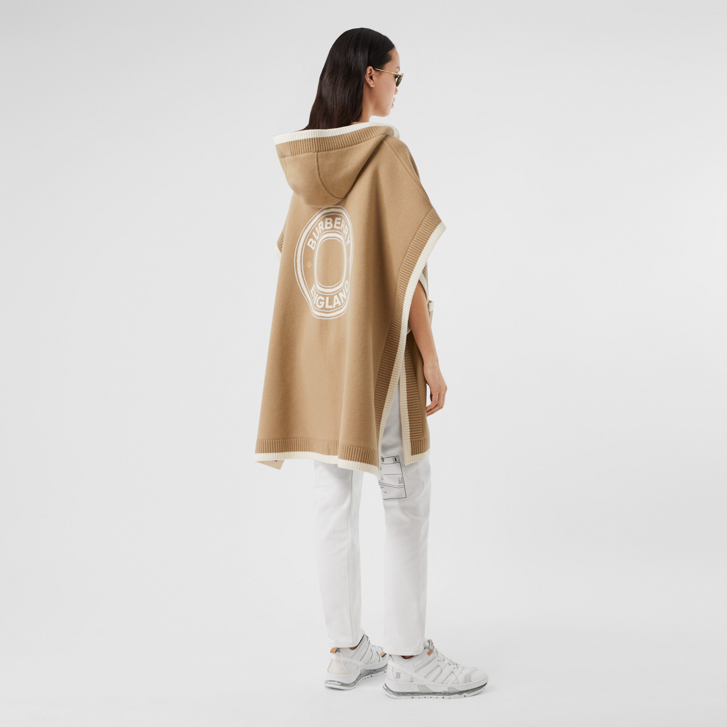 Logo Graphic Wool Cashmere Jacquard Hooded Cape in Archive Beige | Burberry® Official - 1