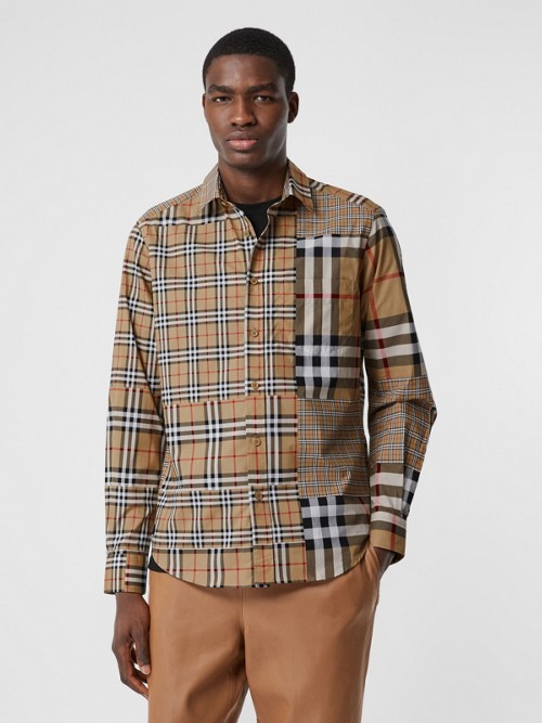 BURBERRY Classic Fit Patchwork Check Cotton Shirt