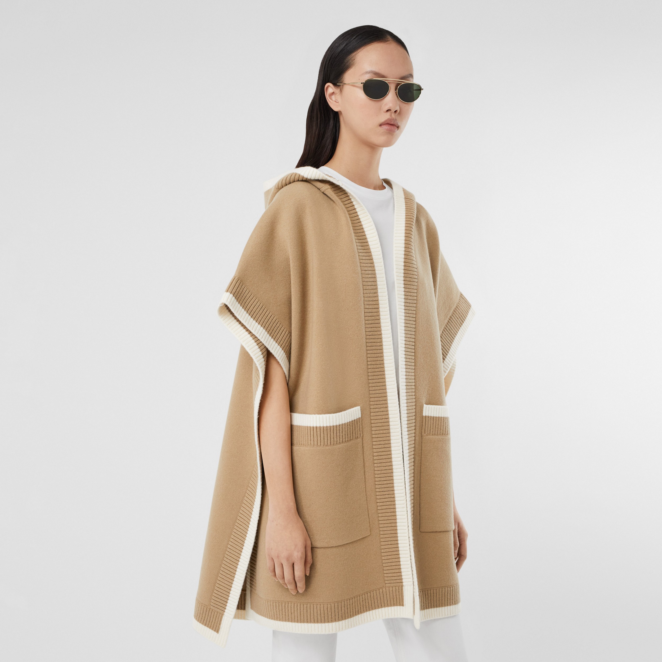 Logo Graphic Wool Cashmere Jacquard Hooded Cape in Archive Beige | Burberry® Official - 3