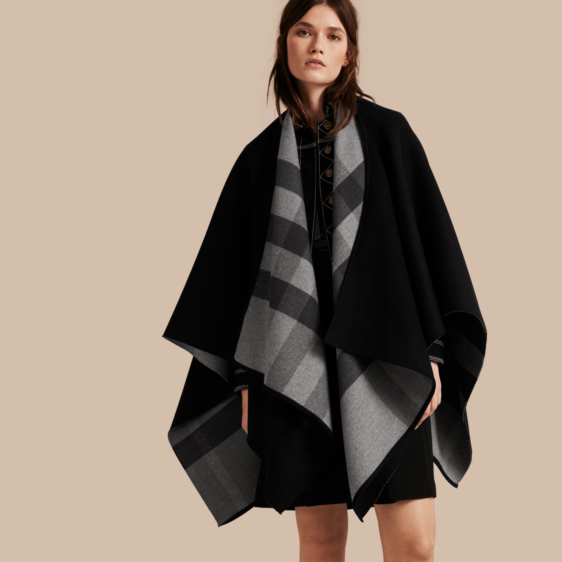Check-Lined Wool Poncho in Charcoal - Women | Burberry Canada