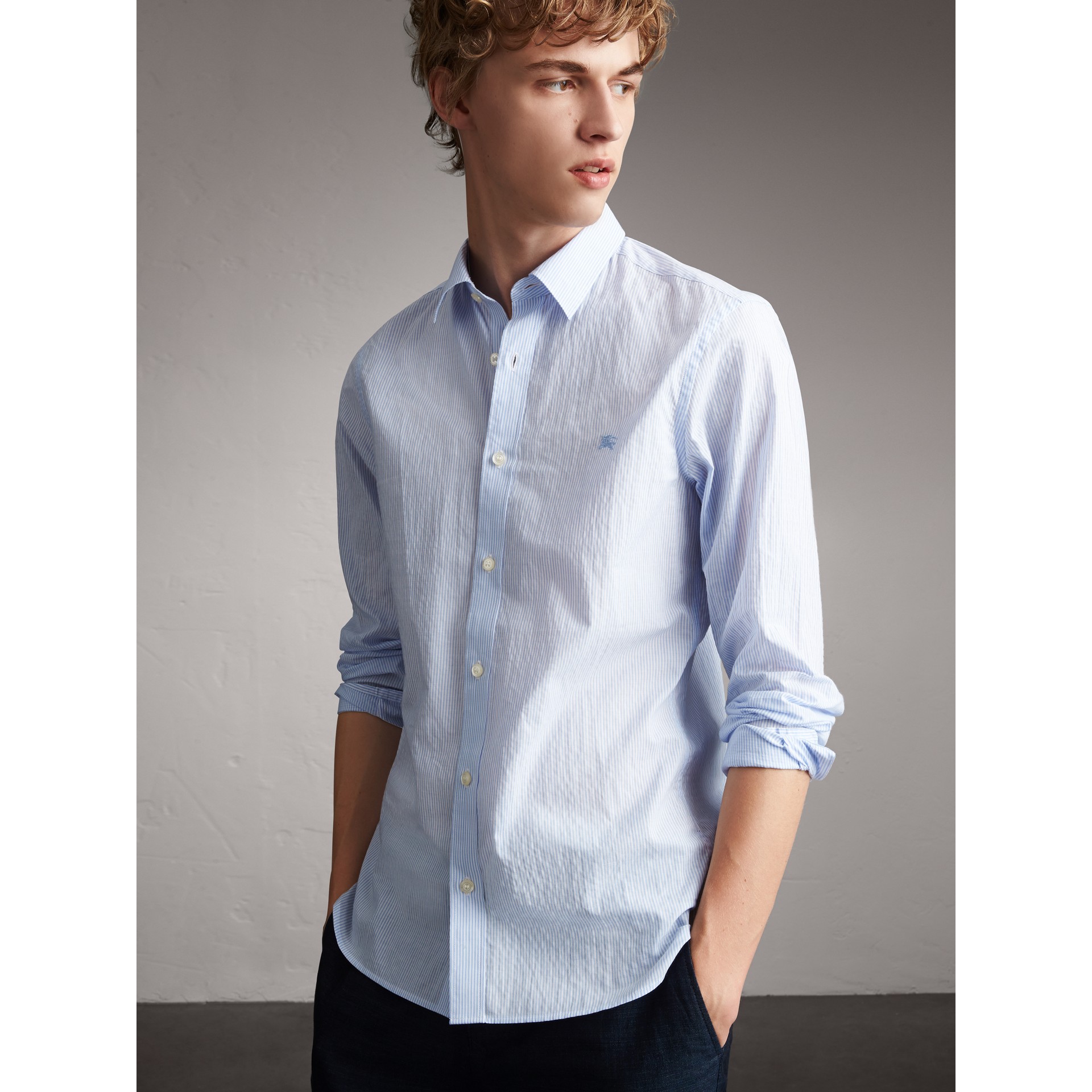 Striped Cotton Blend Shirt in Light Blue - Men | Burberry United States