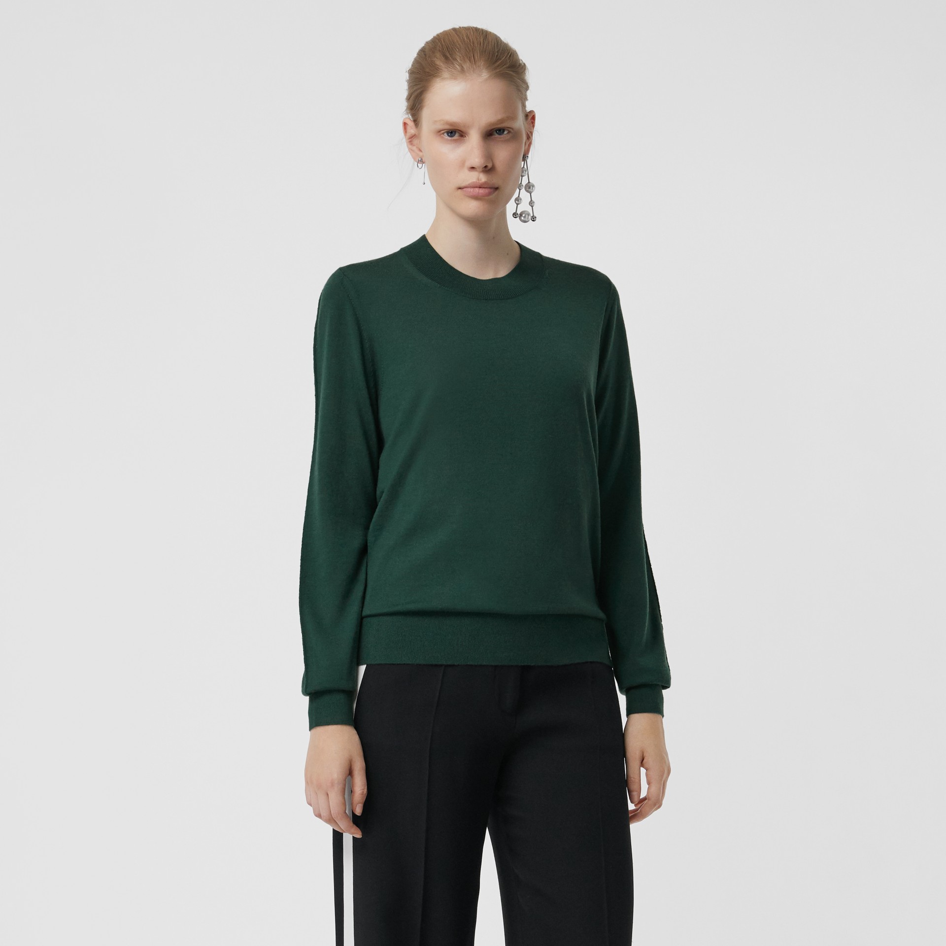 Merino Wool Crew Neck Sweater in Dark Forest Green Women Burberry