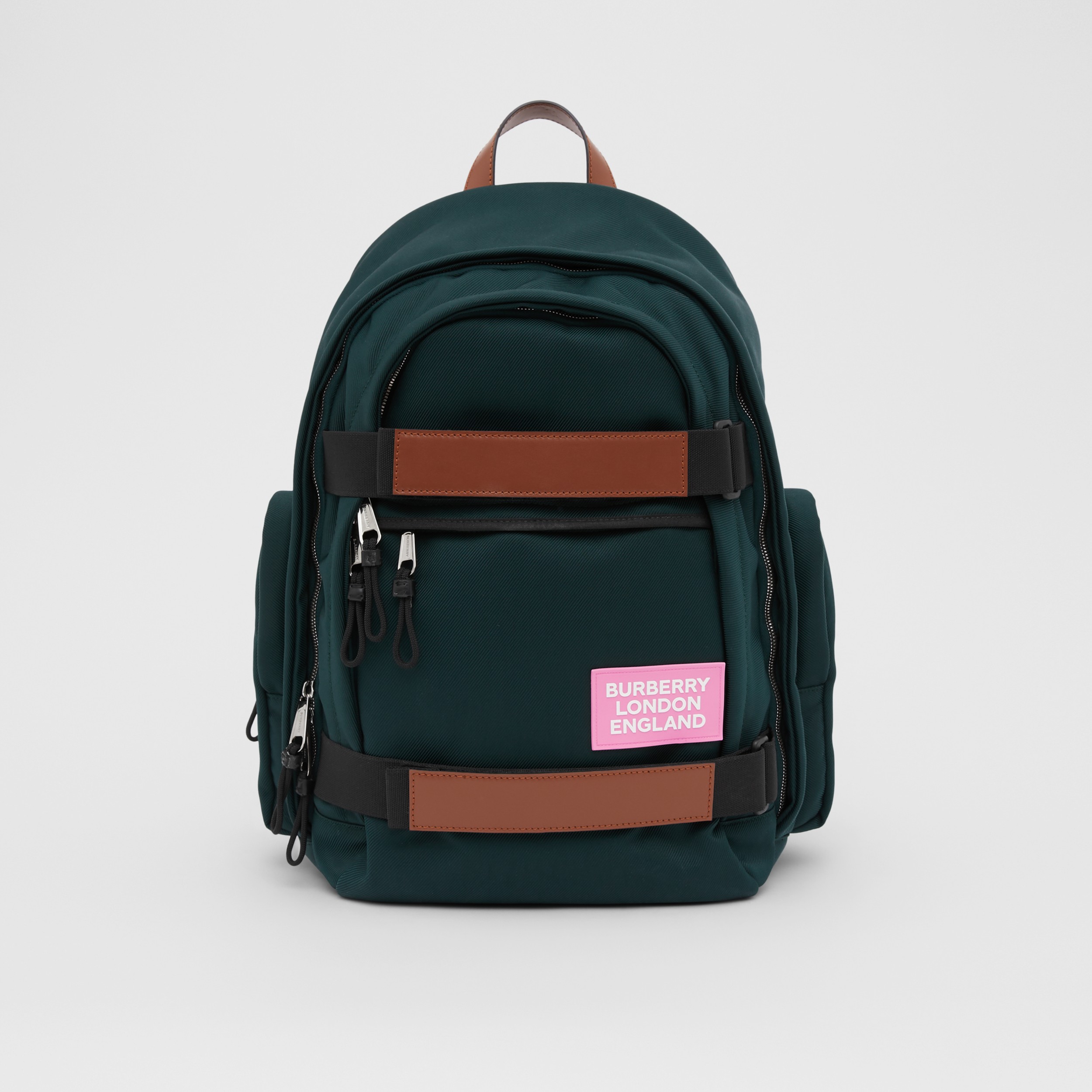 Large Leather Trim Nylon Nevis Backpack in Dark Pine Green Burberry