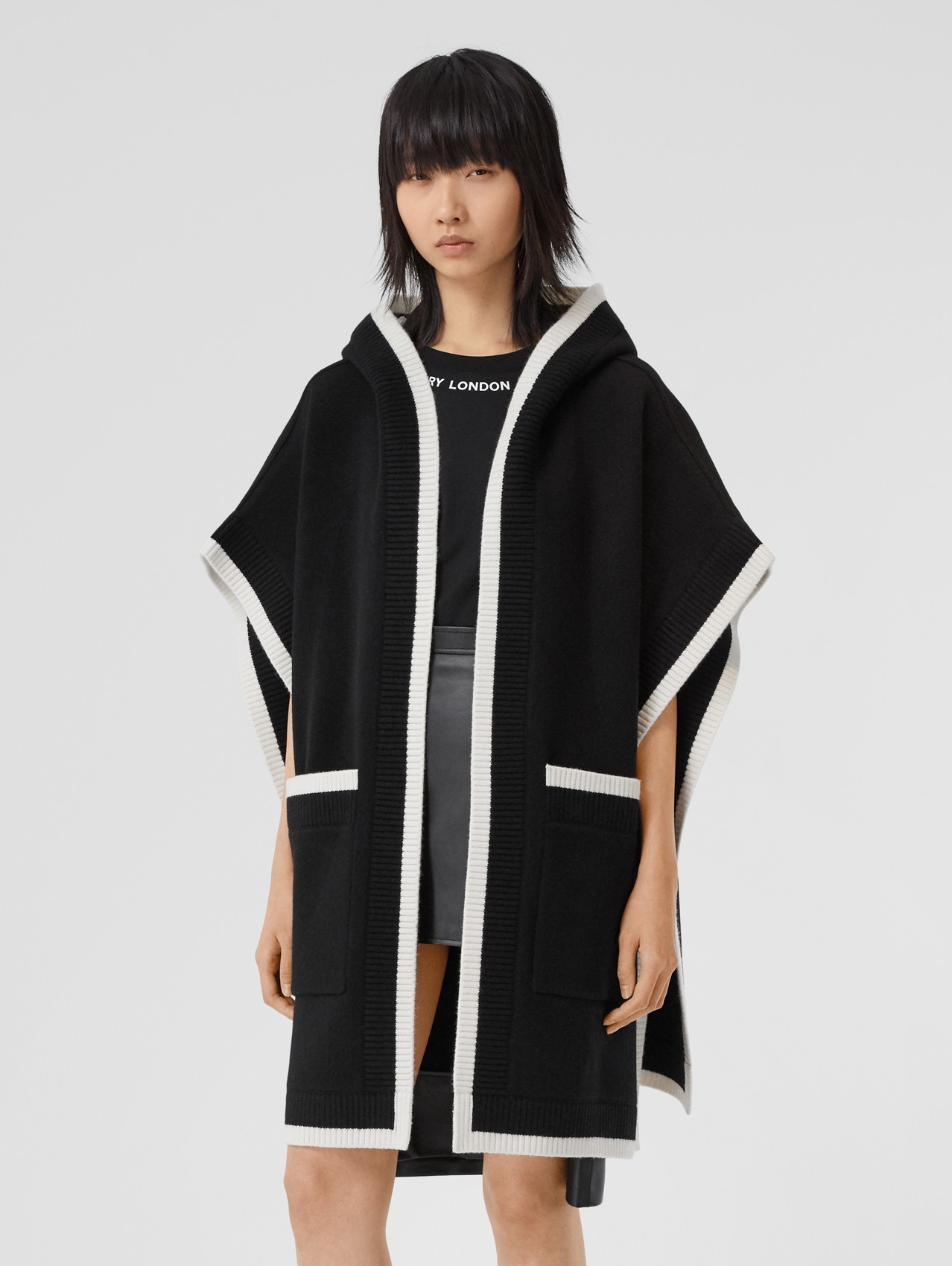 Logo Graphic Wool Cashmere Jacquard Hooded Cape in Black