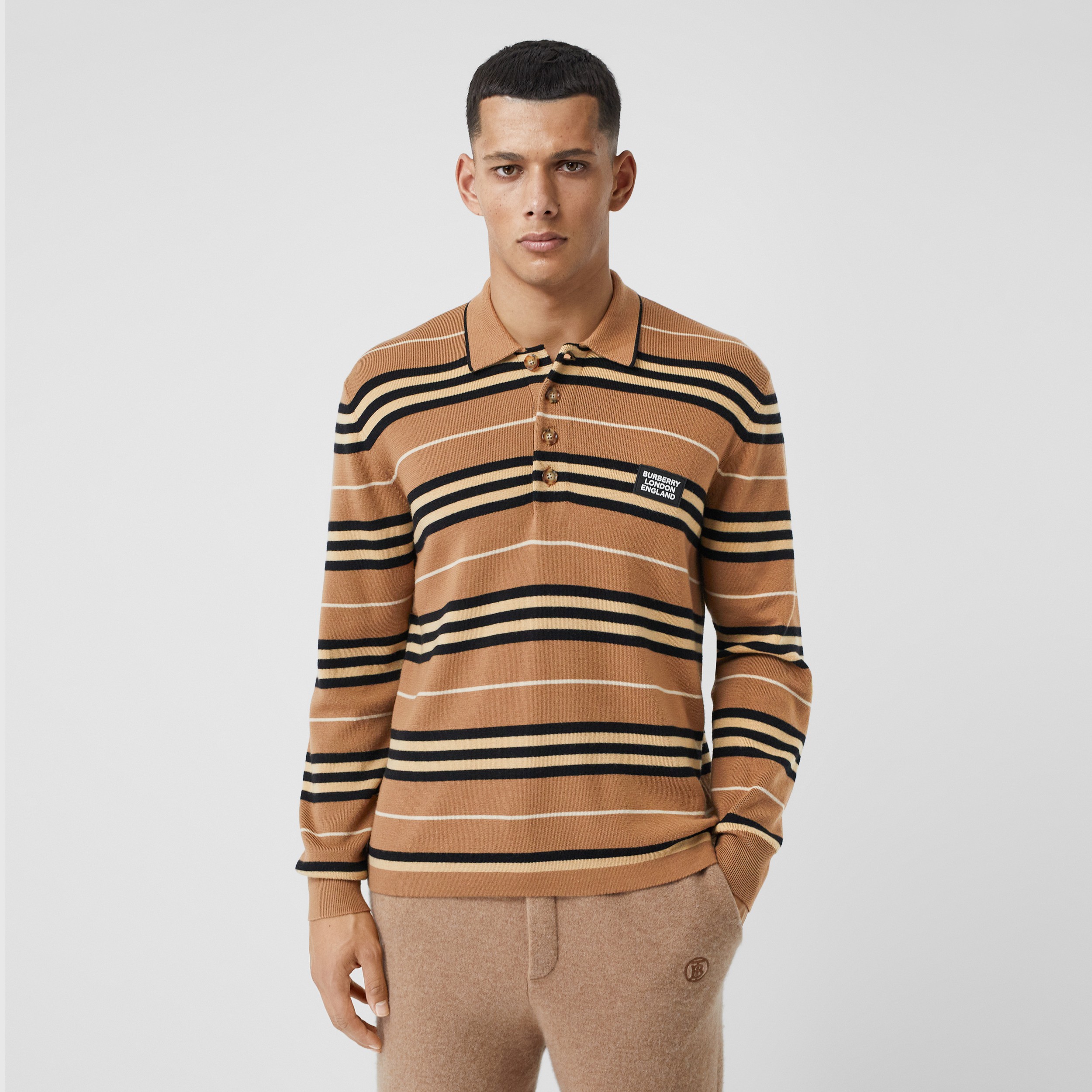 Long-sleeve Icon Stripe Merino Wool Polo Shirt in Warm Walnut - Men ...