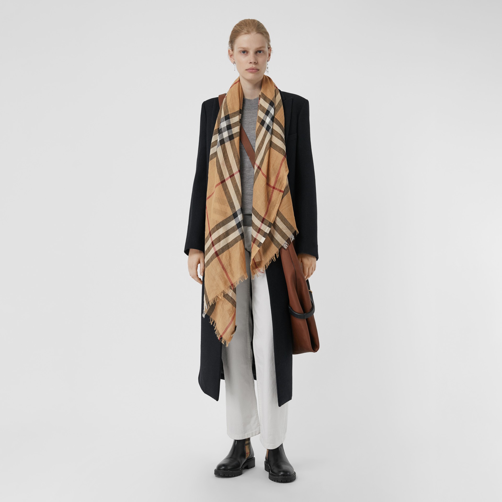 Lightweight Check Wool and Silk Scarf in Camel | Burberry United States