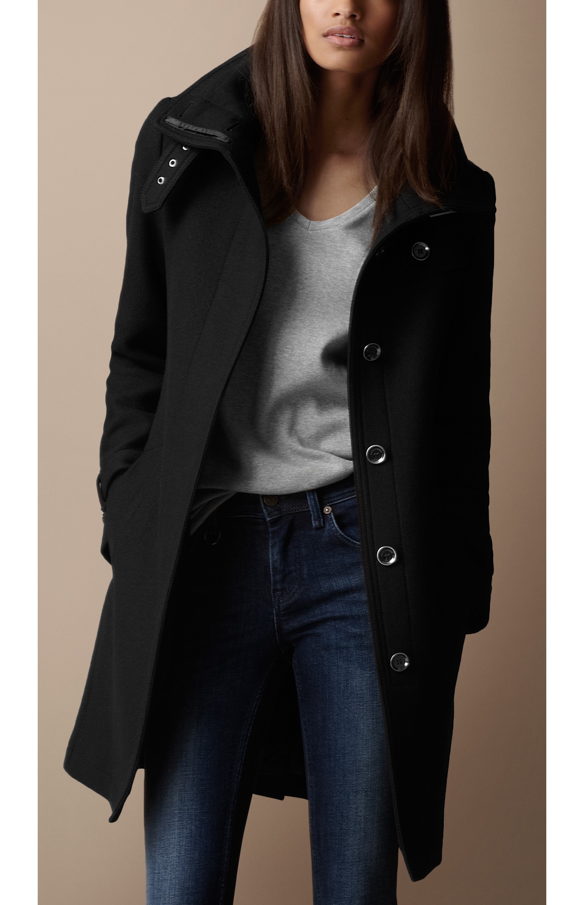 Funnel Neck Wool Twill Coat in Black - Women | Burberry United States