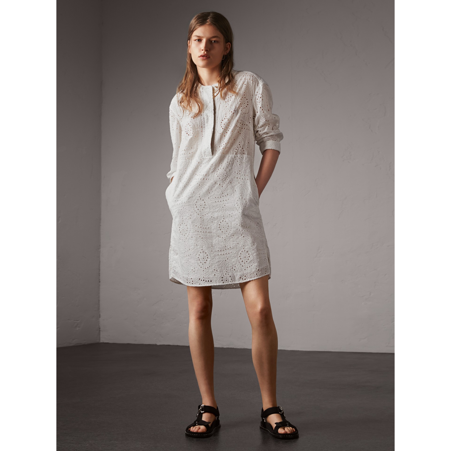 white broderie anglaise shirt dress