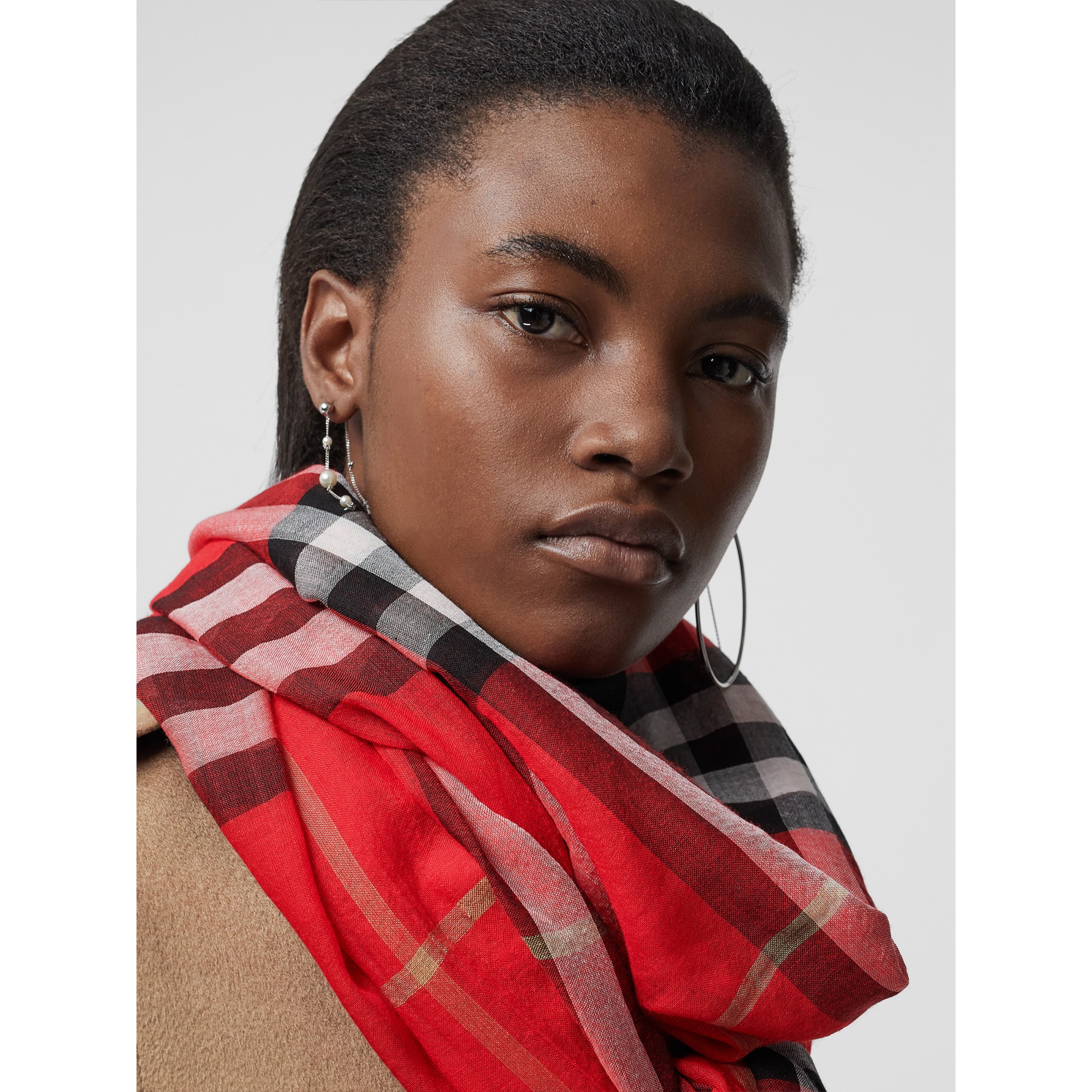 Lightweight Check Wool Silk Scarf in Parade Red Burberry United States
