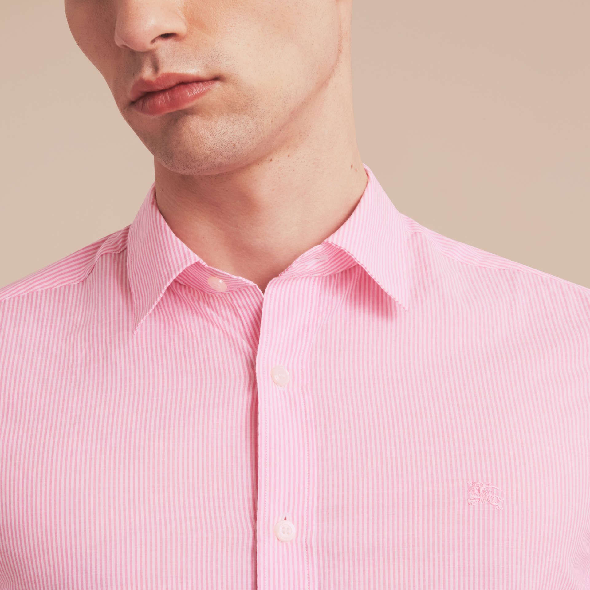 Striped Cotton Blend Shirt in Pale Pink Men Burberry Canada