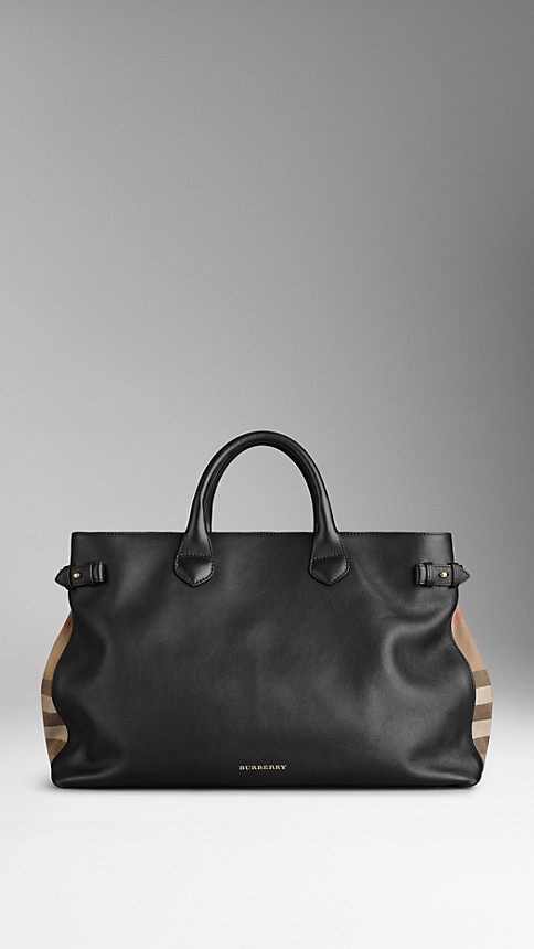 Large House Check Detail Leather Tote Bag | Burberry