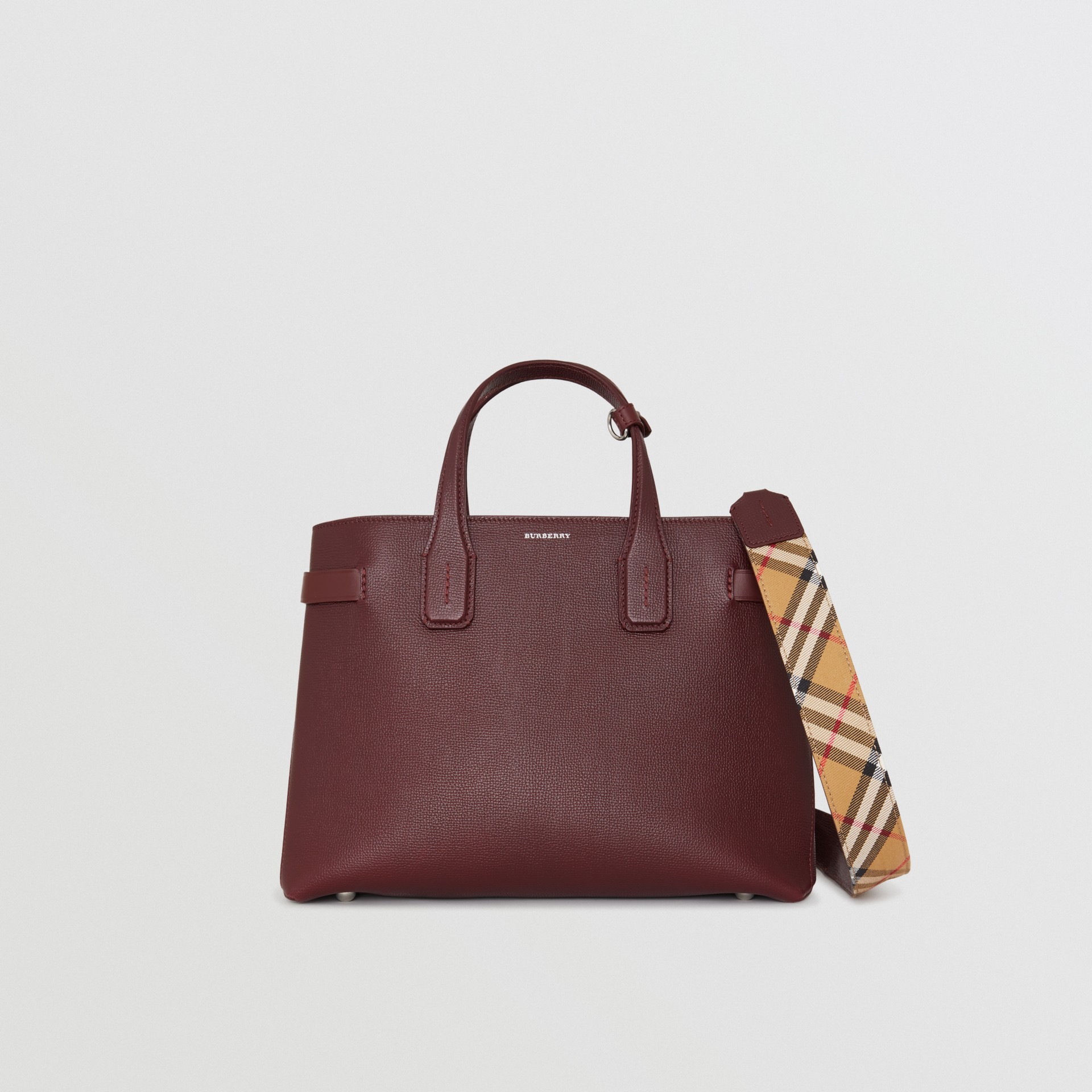 The Medium Banner In Leather And Vintage Check In Mahogany Red