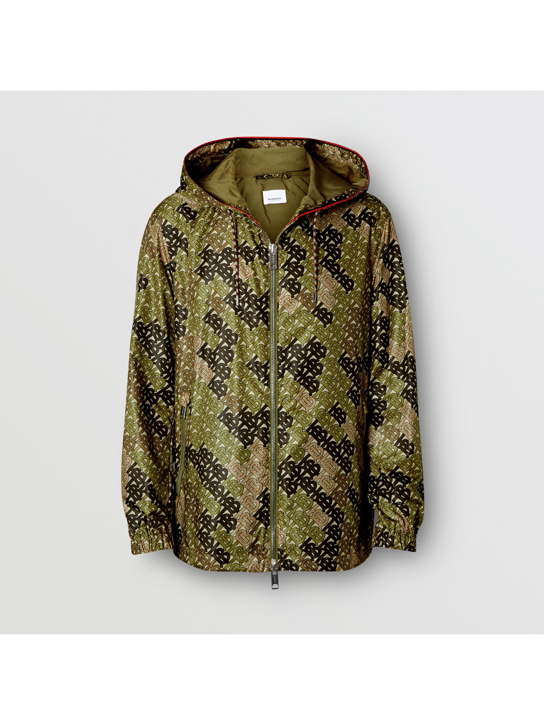 monogram print nylon hooded jacket in khaki green | burberry