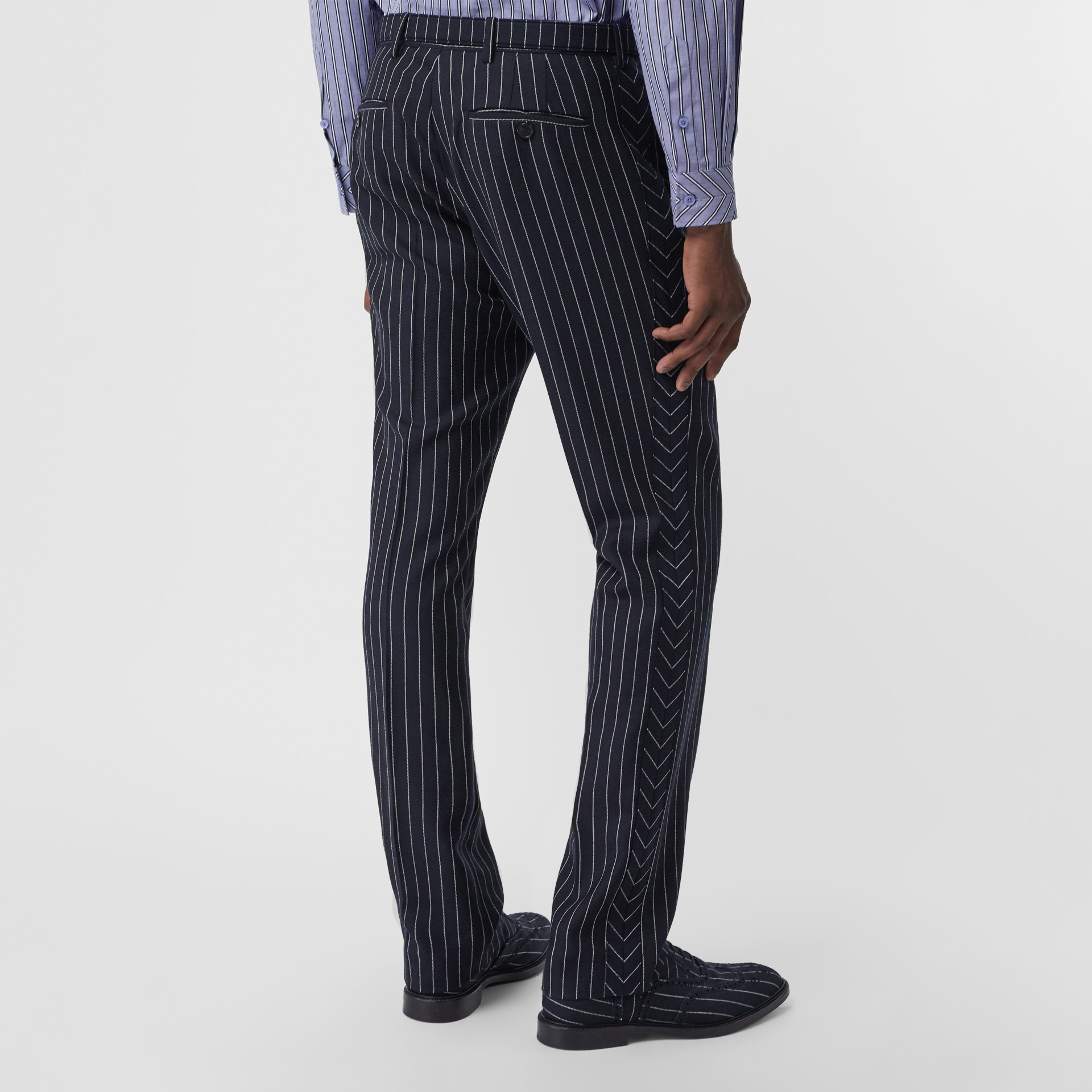 Classic Fit Pinstriped Wool Tailored Trousers in Dark Navy/white - Men ...