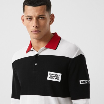 black and white striped long sleeve polo