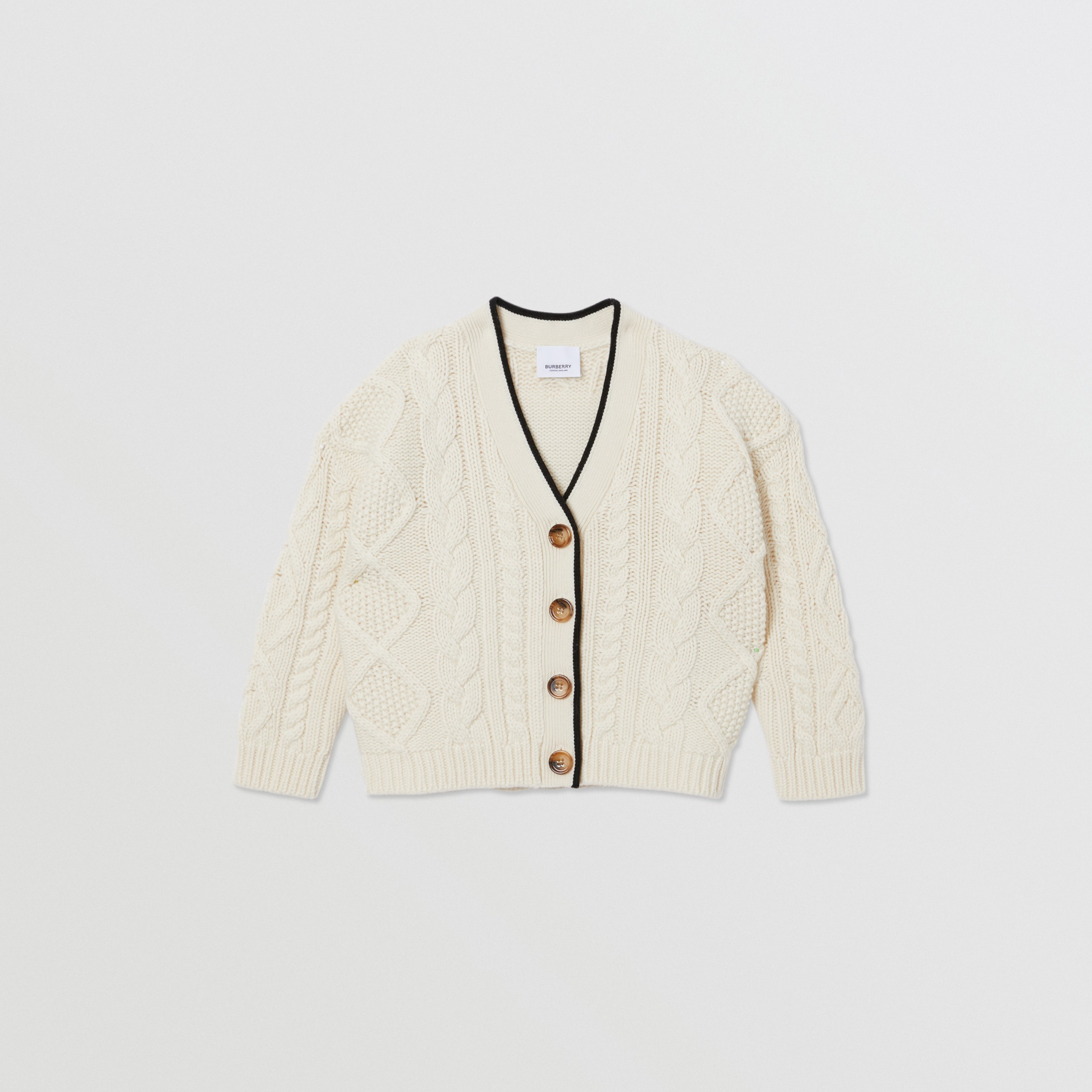 Logo Panel Cable Knit Wool Cashmere Cardigan in Ivory | Burberry Australia