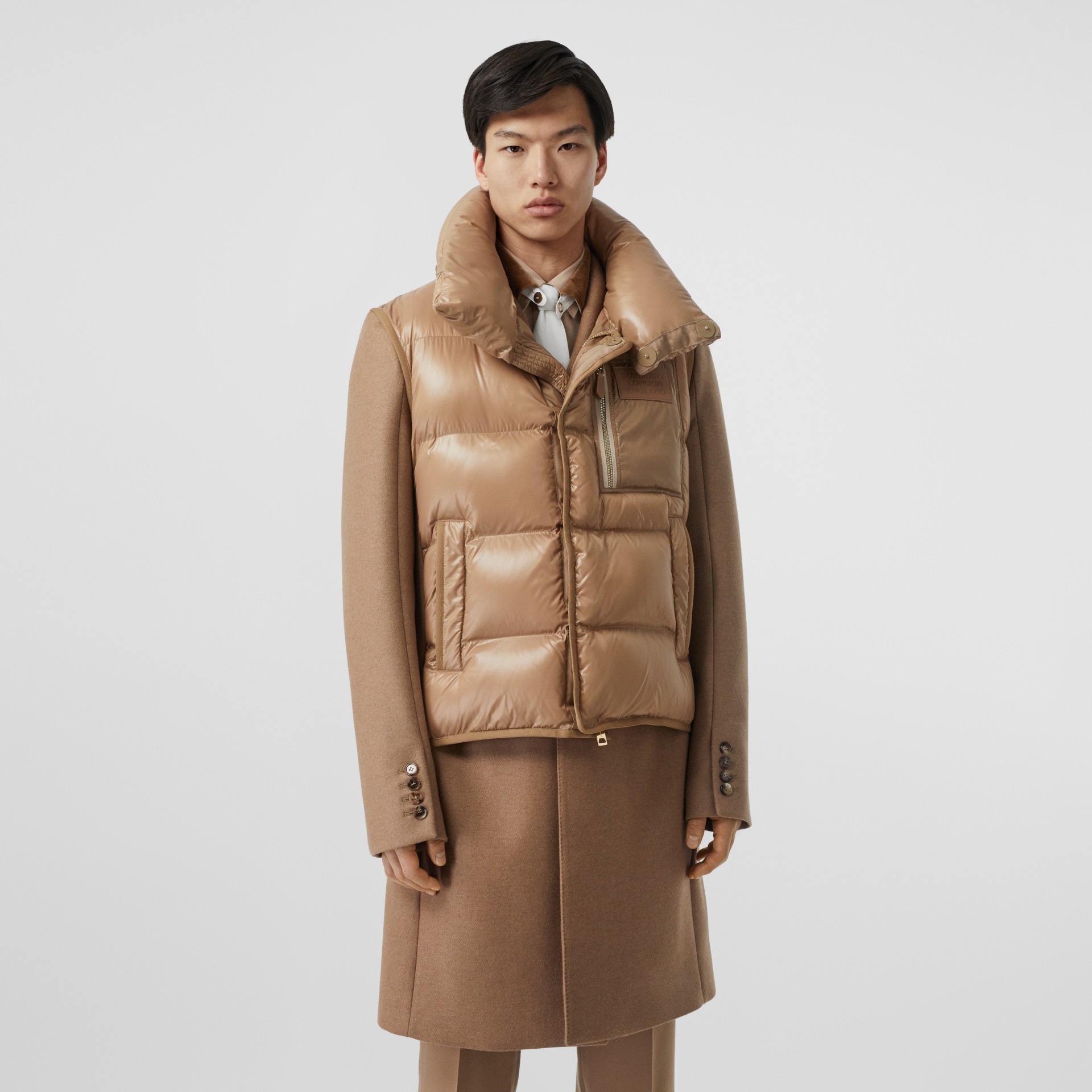 Down Filled Gilet Detail Camel Hair Tailored Coat Men Burberry