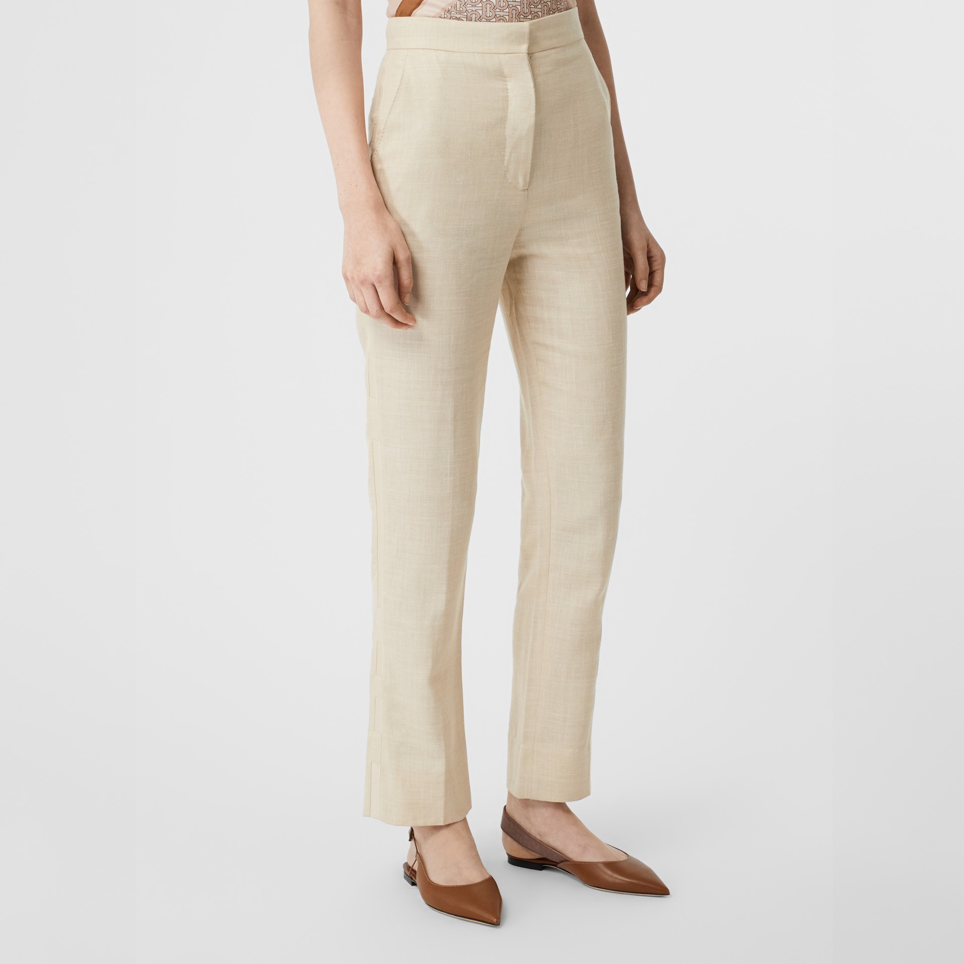 Stripe Detail Wool Silk Linen Tailored Trousers in Sesame - Women ...