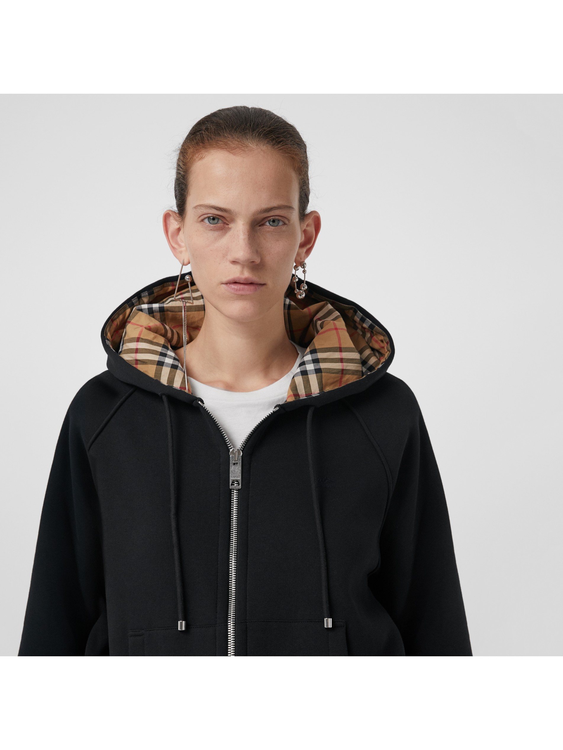 black vintage check detail jersey hooded top image11