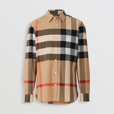 Check Stretch Cotton Shirt in Camel 